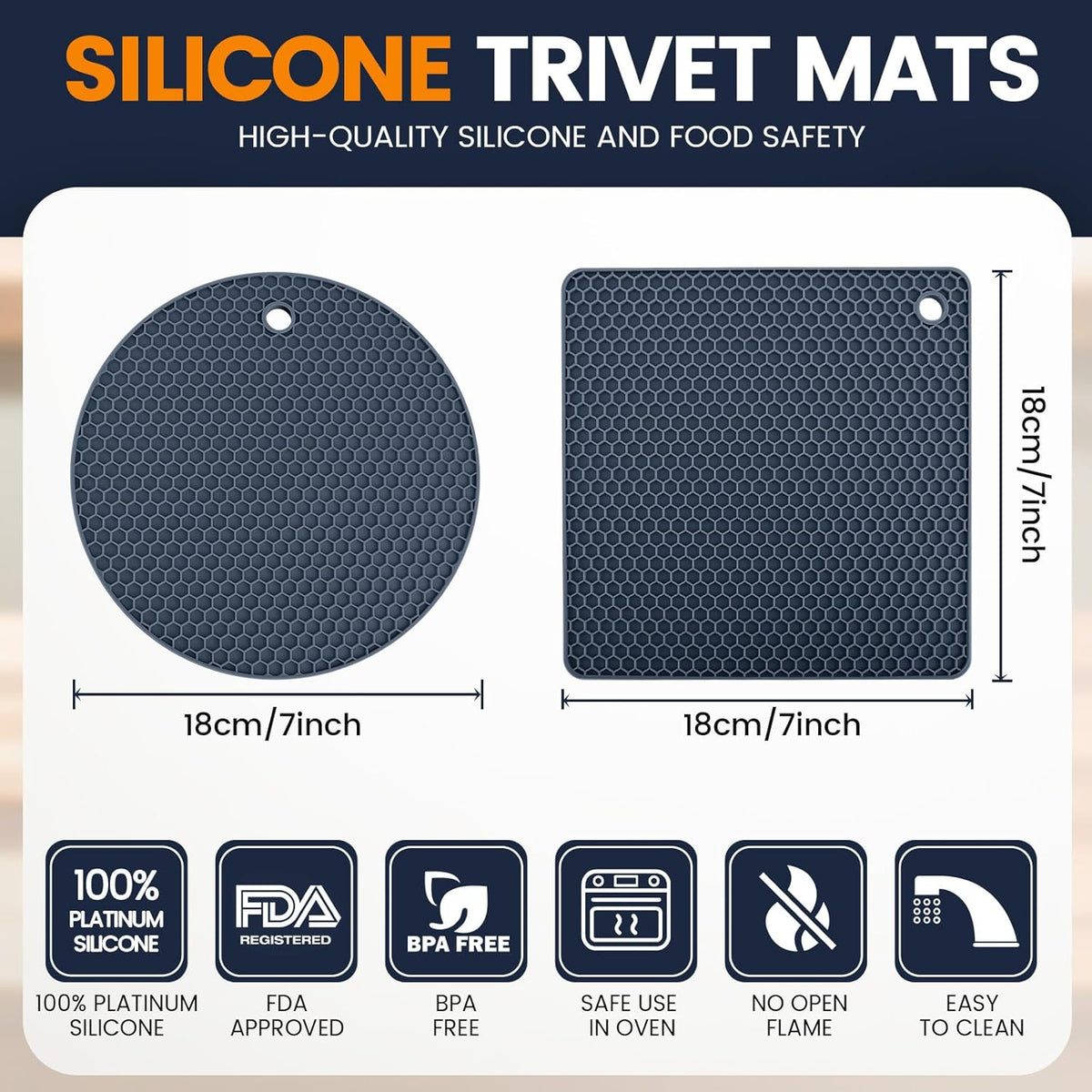Silicone Trivet Mats 4 Heat Resistant Pot Holders Multipurpose Non-Slip Hot Pads for Kitchen Potholders, Drying mat, Jar Opener, Spoon Holder, Coaster(Navy Blue)