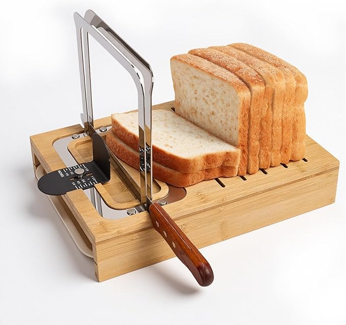 Bamboo Sourdough Bread Slicer for Homemade Breads with Bread Knife，Adjustable Slice Thickness and Bread Width, Stainless Steel Cutting Guides with Crumb Tray for Round Sourdough & Homemade Breads