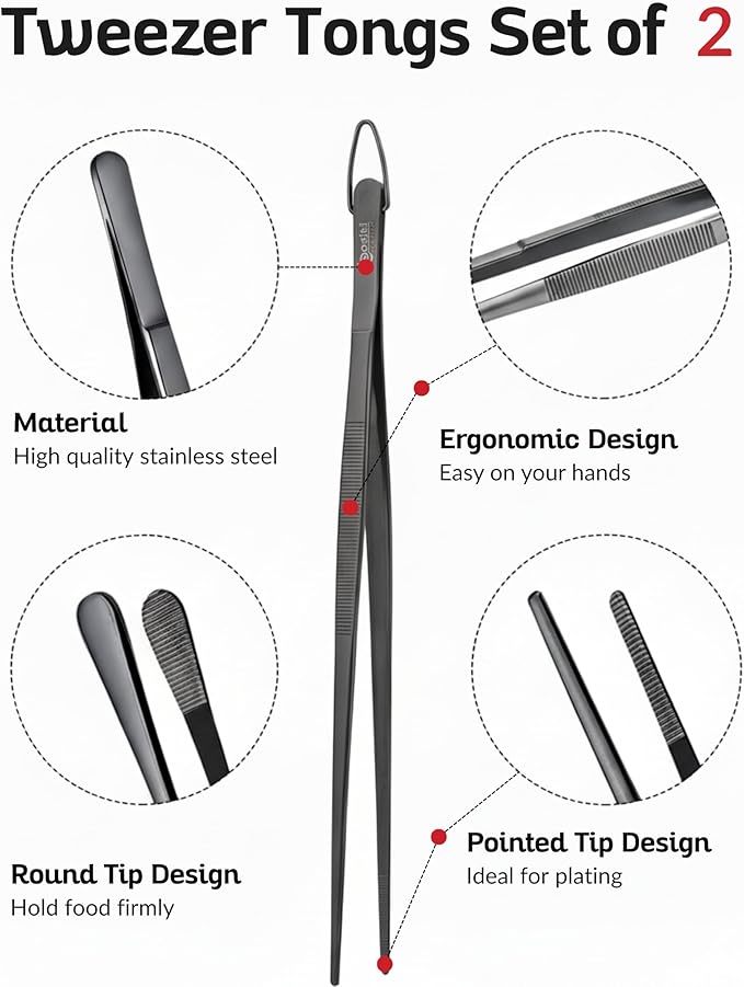 Tweezer Tongs Set of 2 – Boxiki Kitchen 430 Stainless Steel Cooking Tweezers, Long Chef Tweezers for Plating, Grilling, Baking, Pasta, Food Handling, Cake Decorating & Culinary Use