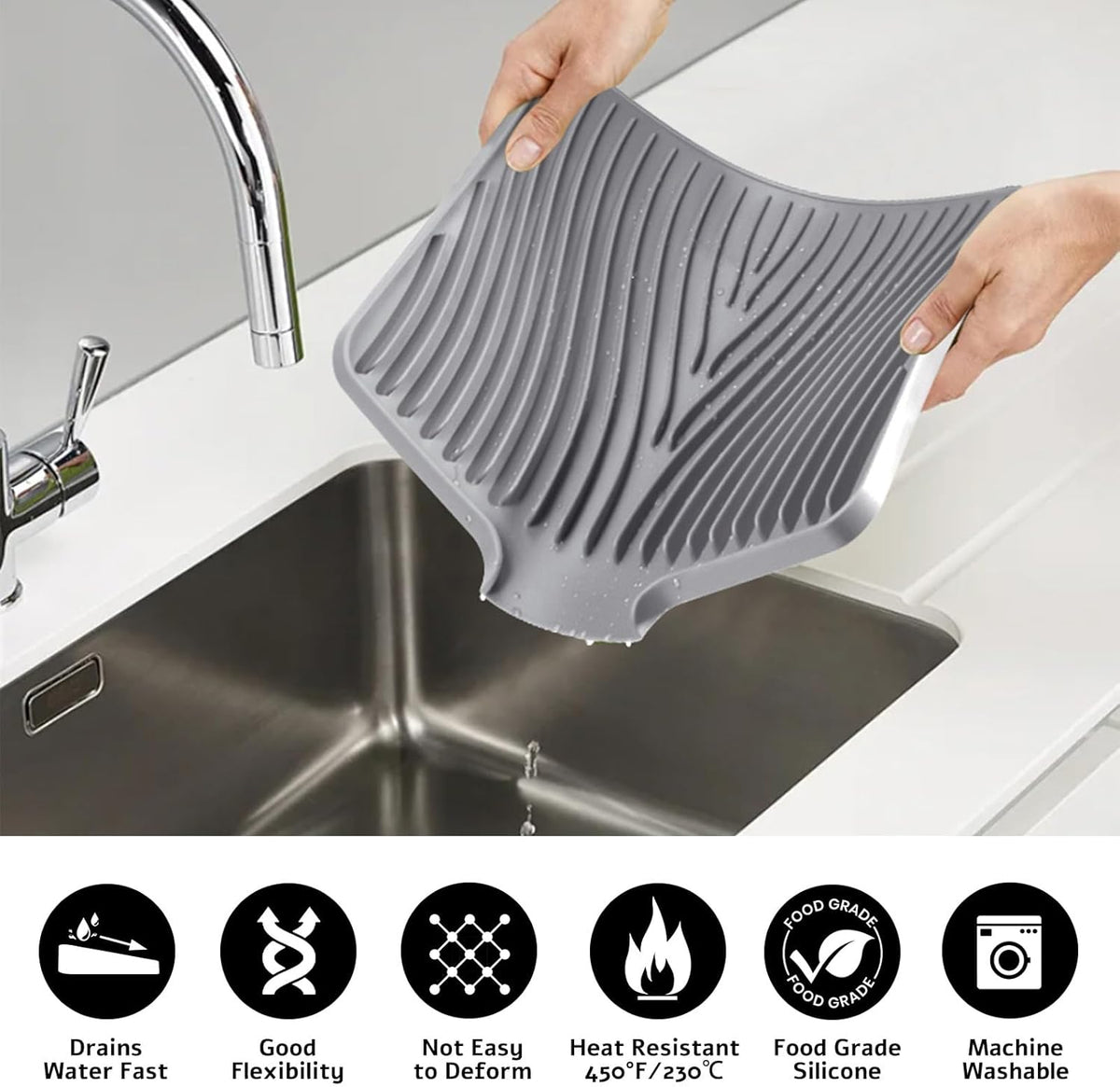 Silicone Dish Drying Mat for Kitchen Counter, Dish Drying Pad, Non-Slip Drain Pad with Built-in Drain, Heat Resistant Stone Drying Mat, 1 set XL(Grey)