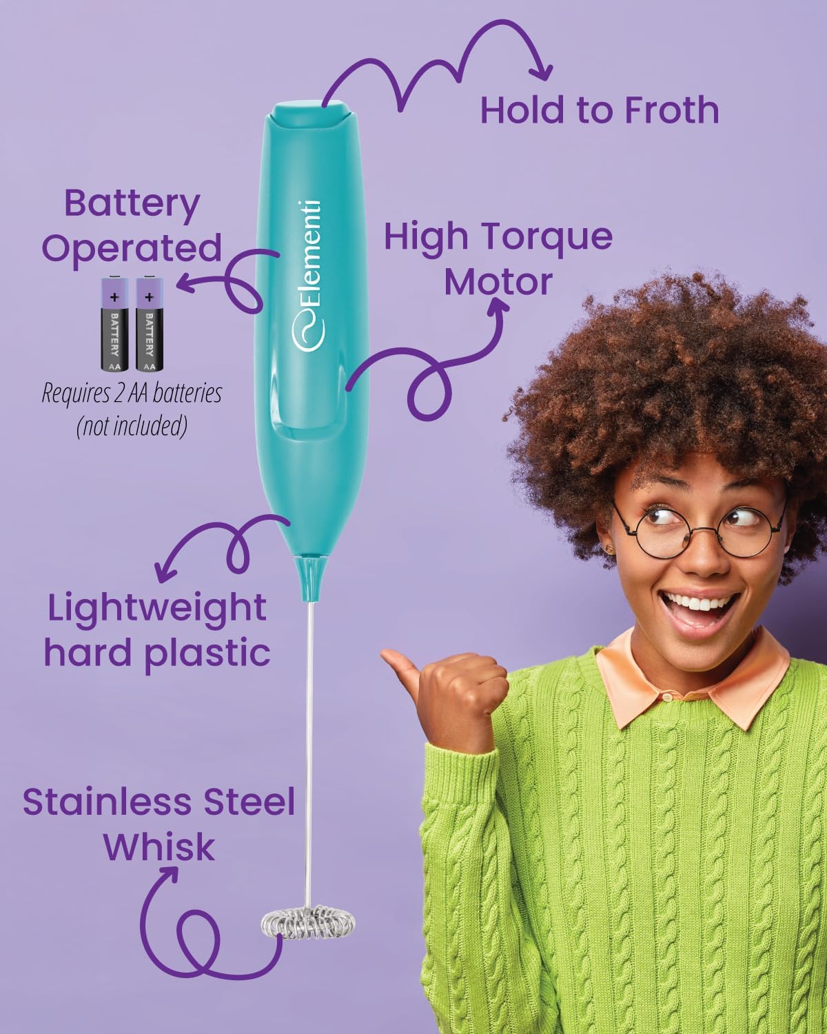 Elementi Powerful Frother Wand – Lightweight Milk Frother & Drink Mixer Handheld, Matcha Whisk for Dreamy Lattes, Powerful Coffee Mixer Wand & Blender Stirrer - Make Creamy Cappuccinos at Home (Teal)