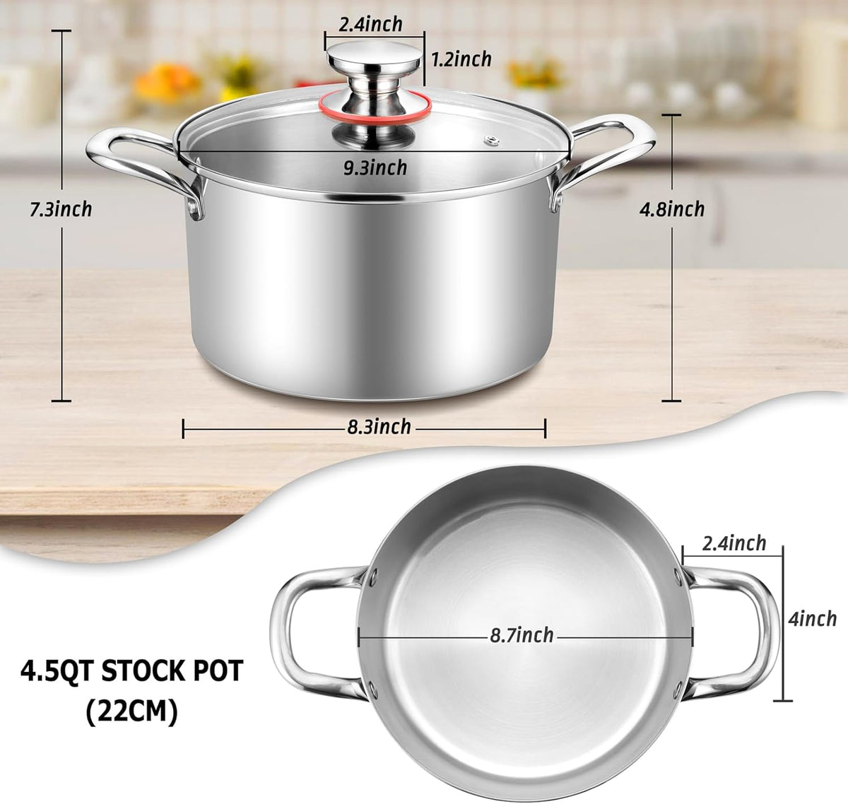 TeamFar 4.5 Quart Stock Pot, Stainless Steel Tri-Ply Cooking Pasta Soup Pot with See-Through Lid for Induction/Electric/Gas/Ceramic, Healthy & Heavy Duty, Ergonomic Handle & Dishwasher Safe