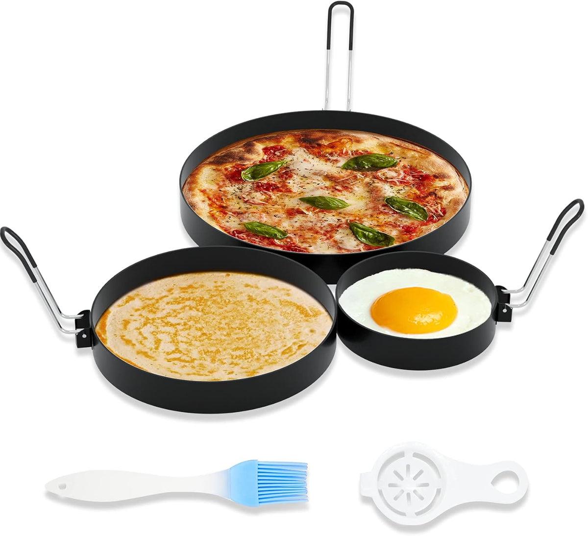 8" Omelet Ring, 6" Pancake Ring, 3.5" Egg Ring for Griddle Frying Eggs (Upgrade Large 3 Pack Stainless Steel Non Stick Round Cooking Rings Molds with Oil Brush and Egg Separator)