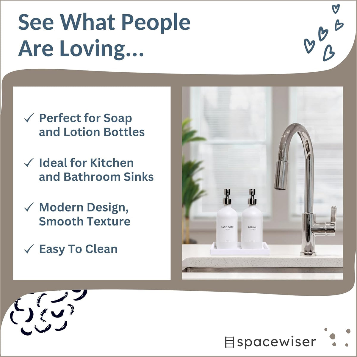 Countertop and Vanity Tray - Small 7.7” Silicone Tray for Soap Dispenser, Bathroom Trays, Dish Soap Trays for Kitchen Counter, Sink Caddy Sinks Organizer, Soaps Dish & Sponge Holder, White