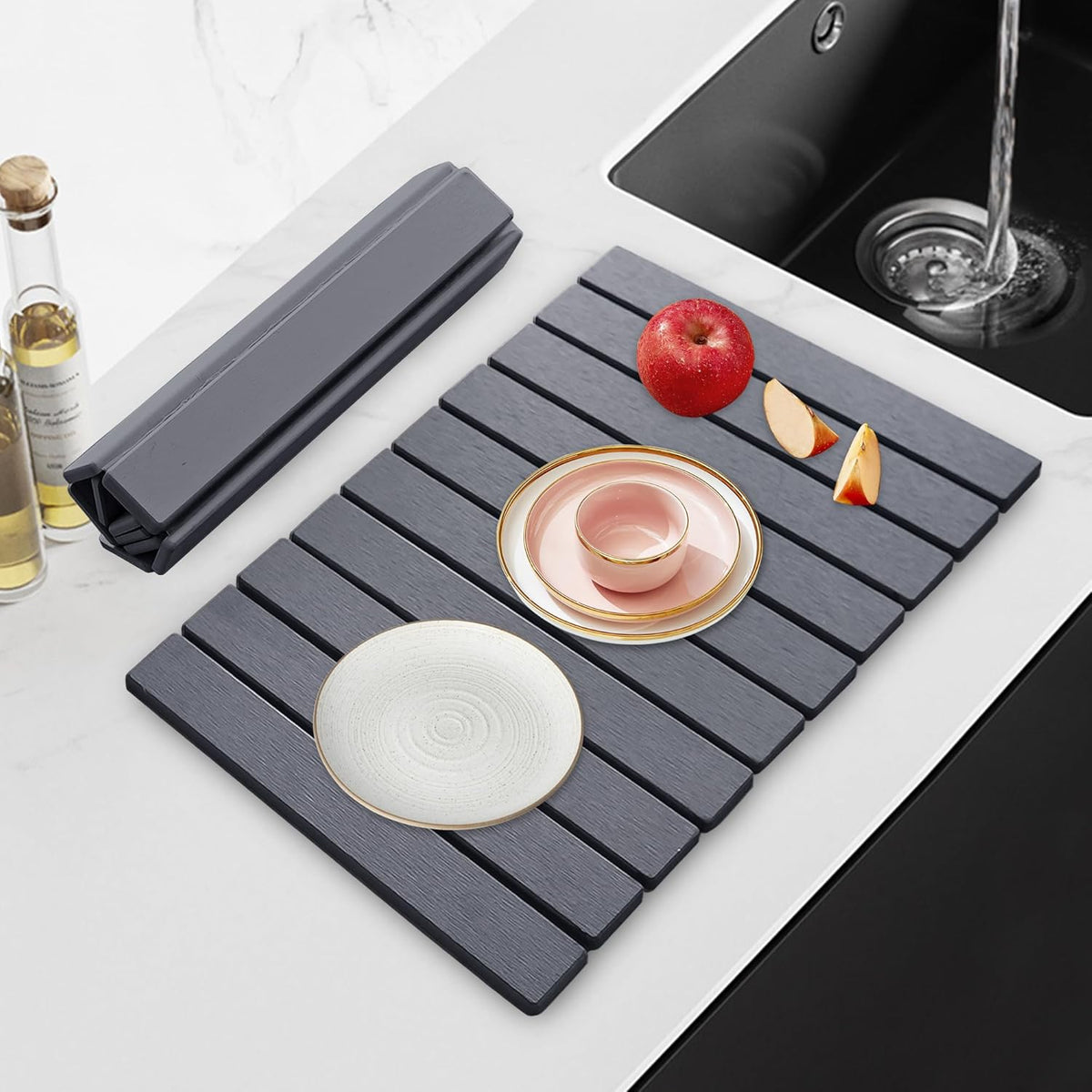 Large Stone Dish Drying Mat for Kitchen Counter, 24" x 16" Drying Board Diatomaceous, Dish Drying Tray for Kitchen, Utensils, Vegetable, Fruits, Bathroom Absorbent Pad, Fast Dry Stone Mat, Dark Gray
