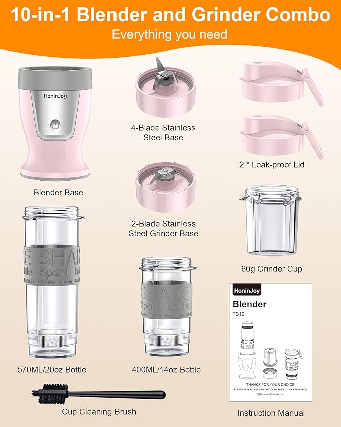 Smoothie Blender, 650W Personal Blenders for Shakes and Smoothies with Grinder Cup & 2 BPA-Free Portable Cups (20oz+14oz), Portable Blender for Juices, Smoothies Maker for Kitchen, Pink