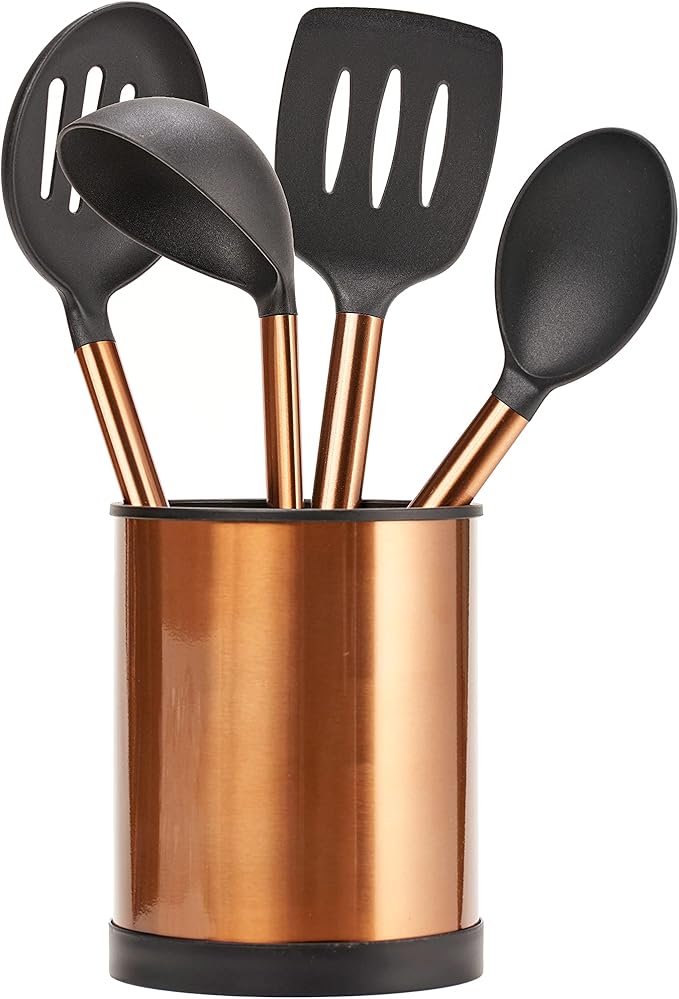 Servappetit 5 Pc Cooking Utensil Set - Slotted Spatula, Oval Spoon, Round Spoon with Holder - Heat Resistant, Non-Stick - Copper