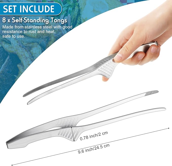 Patelai Korean and Japanese BBQ Tongs Non Slip Cooking Utensils Stainless Steel Tongs for Serving Food, Salad, Camping, Barbecue, Buffet, Oven with Support Stand(Silver,8 Pieces)