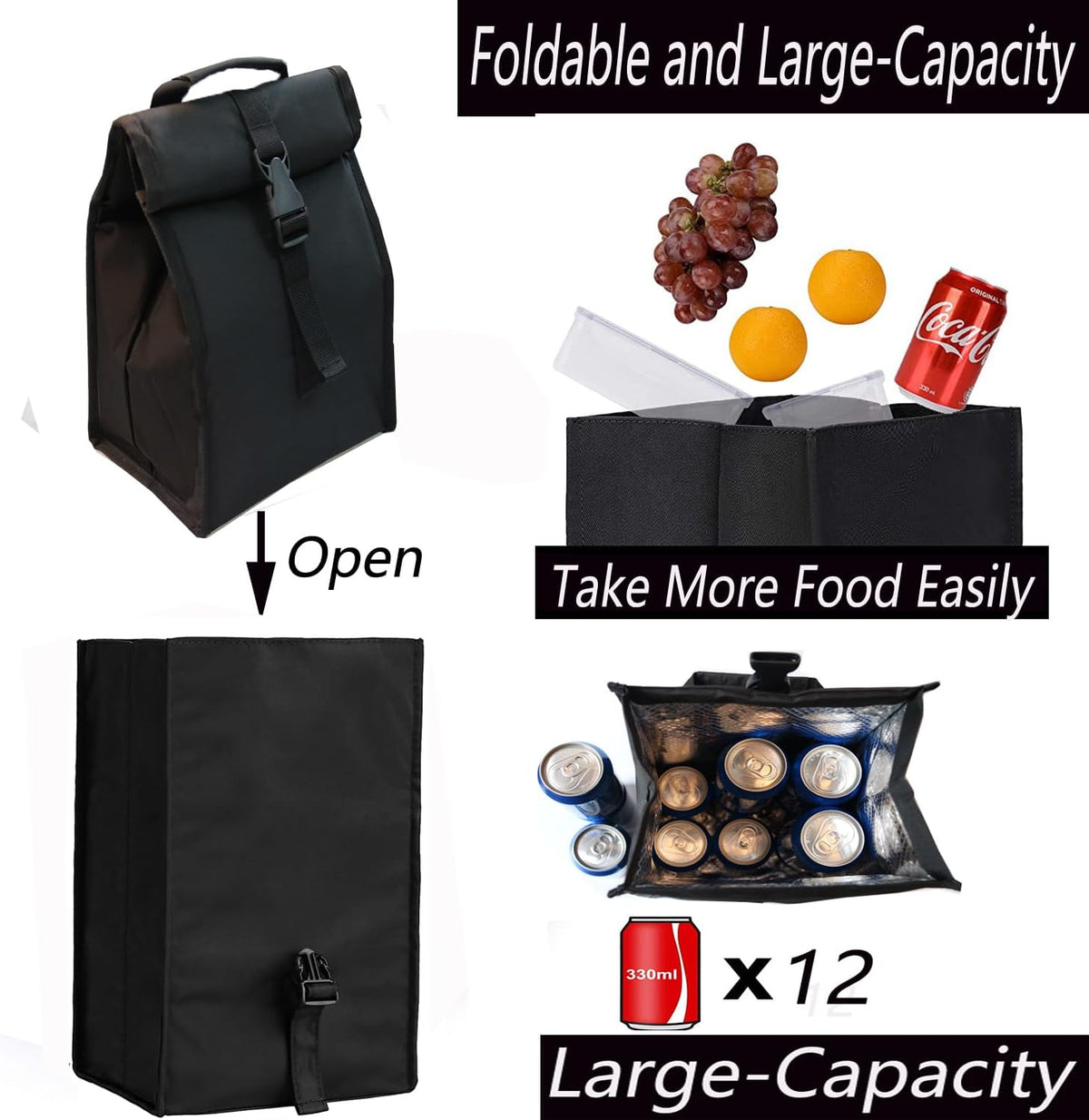 Insulated Foldable Lunch Bag With Ajustable Strap- Lightweight Portable Lunch Box for Men, Women, Office, Work, Picnic, Hiking and Beach (Black(Hard Fabric))