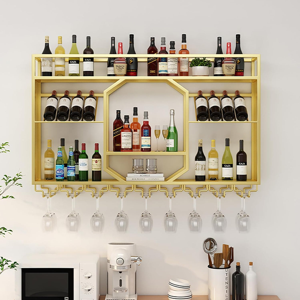 Wall Mounted Wine Rack, 3-Tiers Metal Bar Bottle Holder, Modern Wine Glass Storage Display Shelves, Wall Wine Rack for Kitchen Bar Dining Rooms Decoration ﻿ (Gold, 47.24in/120cm)
