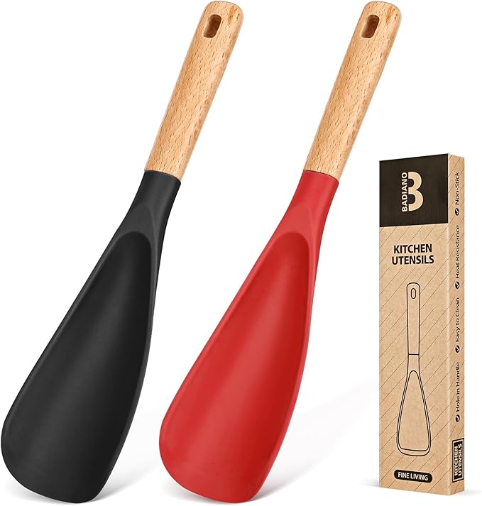 Cooking Spoon for Nonstick Cookwares, Great for Cooking and Serving Sturdy BPA-Free Matte Silicone, Wood Handle Spoon for Mixing, Scoop, and Scrape (Black & Red, 11.4 inch)