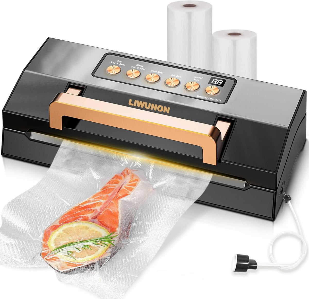 Powerful Suction Vacuum Sealer Machine,Commercial Fully Automatic Food Vacuum Sealer with Double Heat Seal,Dry & Moist Modes,Built-in Cutter,Bags Storage,Easy-Lock Handle,Include 2 Bag Rolls (Black)