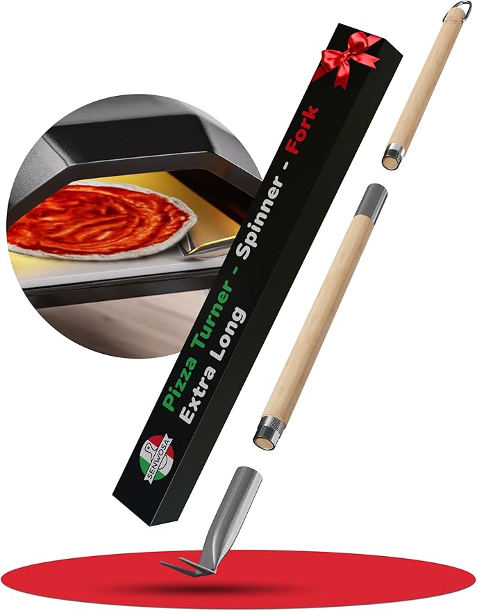 Pizza Turner Fork & Bubble Popper - Easy Pizza Rotation for Evenly Baked Crust - Adjustable Handle [26"-32”]