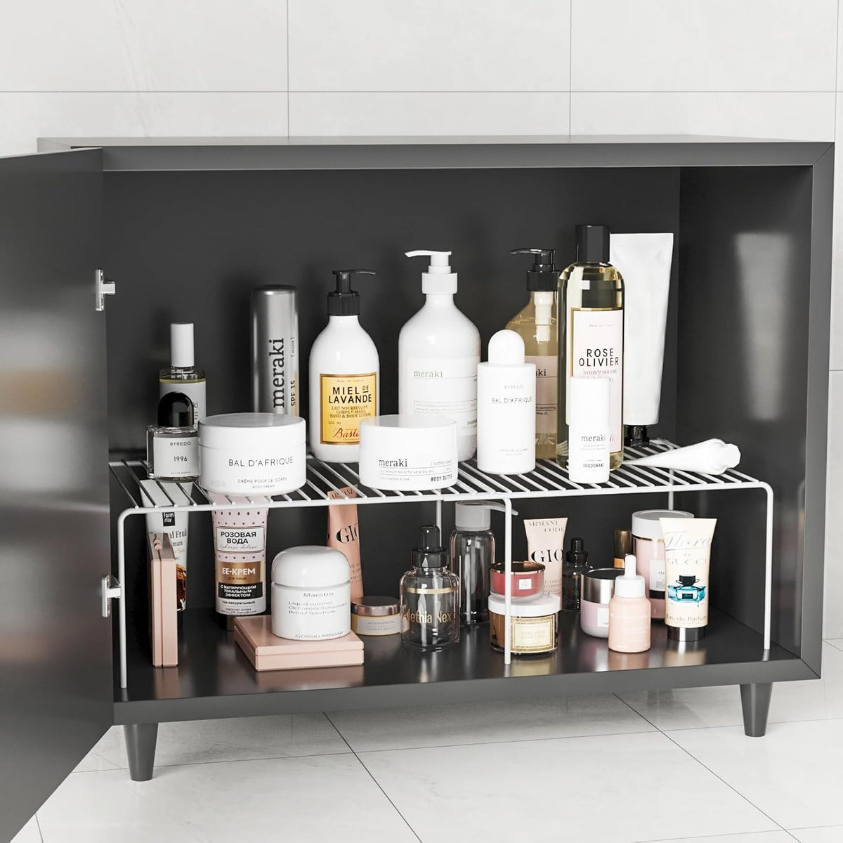 Expandable Storage Shelf, Pantry Organizers and Storage, Adjustable Rustproof Metal Wire Spice Rack, Space Saver Kitchen Storage Shelves for Pan, Pot, Countertop, Drawer, Fridge, Set of 6, White