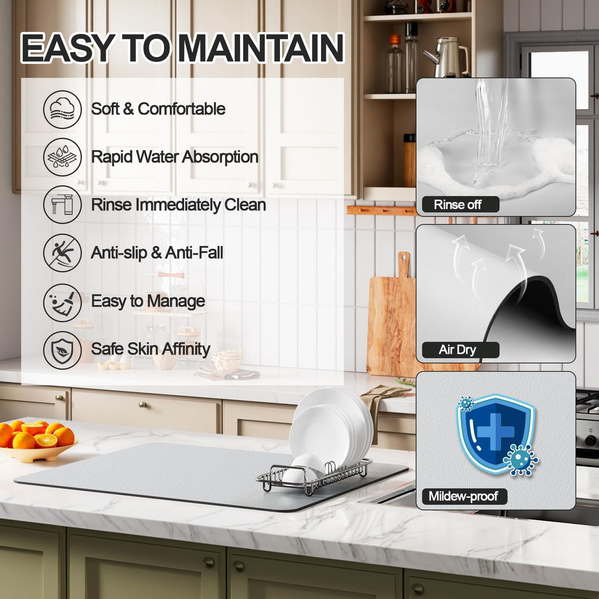 Dish Drying Mat for Kitchen Counter | Coffee Bar Mat for Countertops | Heat Resistant Drainer Mat with Non-slip Rubber Backed | Hide Stain Kitchen Absorbent Draining Mat | Light Grey 18"x24"
