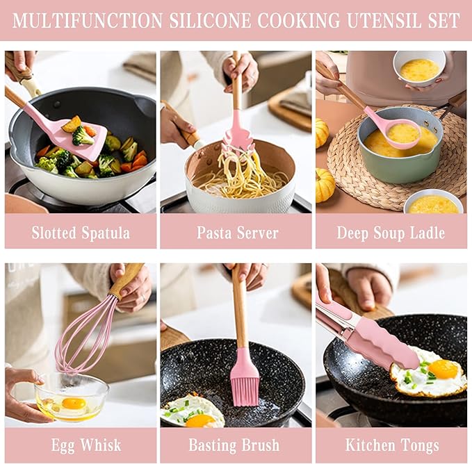 Umite Chef Silicone Kitchen Utensils Set, 33 Piece Non-Stick Kitchen Utensils with Stand, Wooden Handle, Pink
