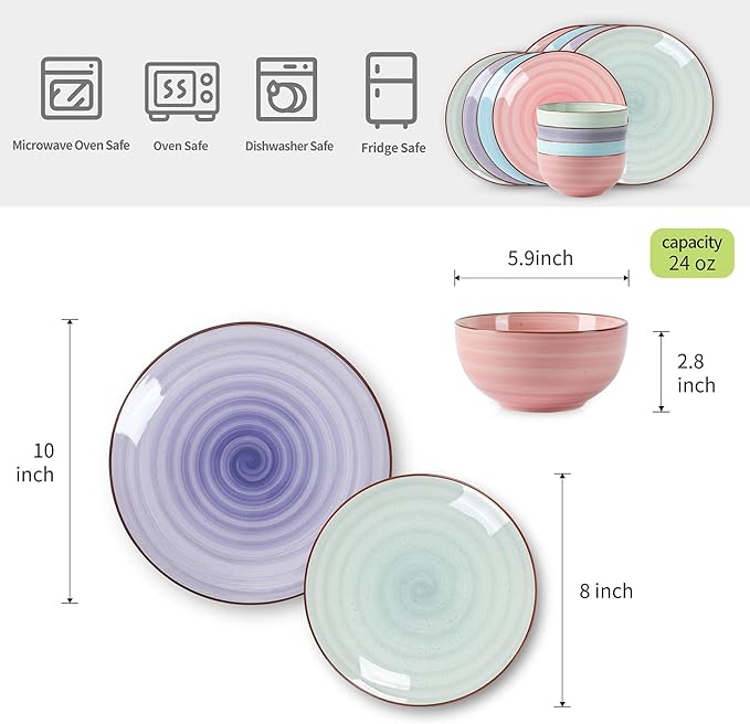Selamica Ceramic 12-Pieces Dinnerware Sets, Scratch Resistant Plates and Bowls Sets, Handpainted Swirl Dishes Set for 4 with Spray Black Dots, Dishwasher&Microwave Safe, Gradient Color