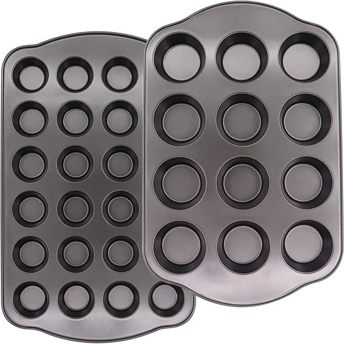 12+24 Muffin Pan Set (2 Pack) - Nonstick Cupcake Tins Dark Gray | Heavy Duty Carbon Steel, Rustproof, Oven Safe Baking Gift