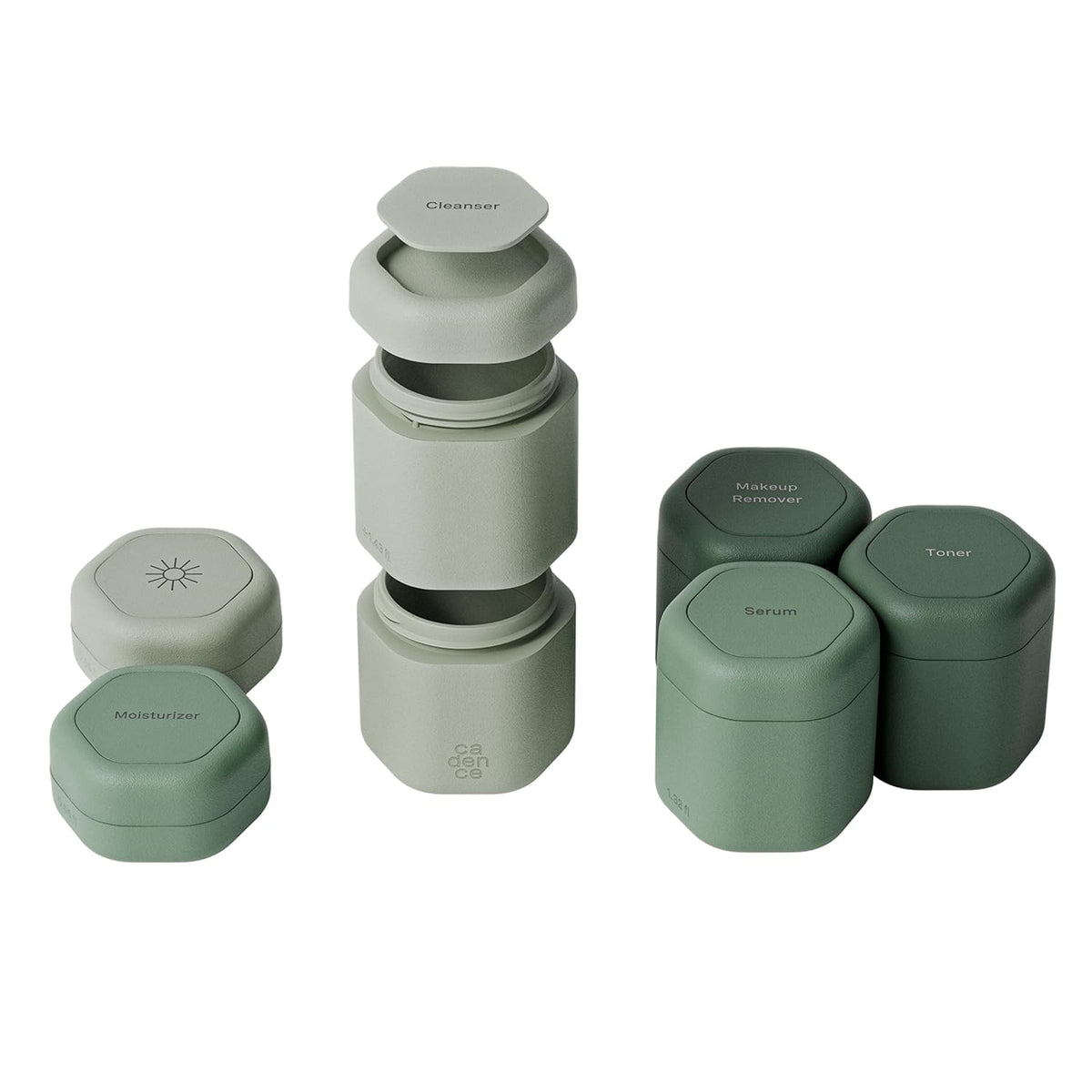 Cadence Travel Containers - Full Skincare Set - Magnetic Containers with Lids,Carry On Travel Essentials For Women/Men - 2 Small (0.56oz), 4 Medium Capsules (1.32oz), & Extender (1.43oz) - Evergreen