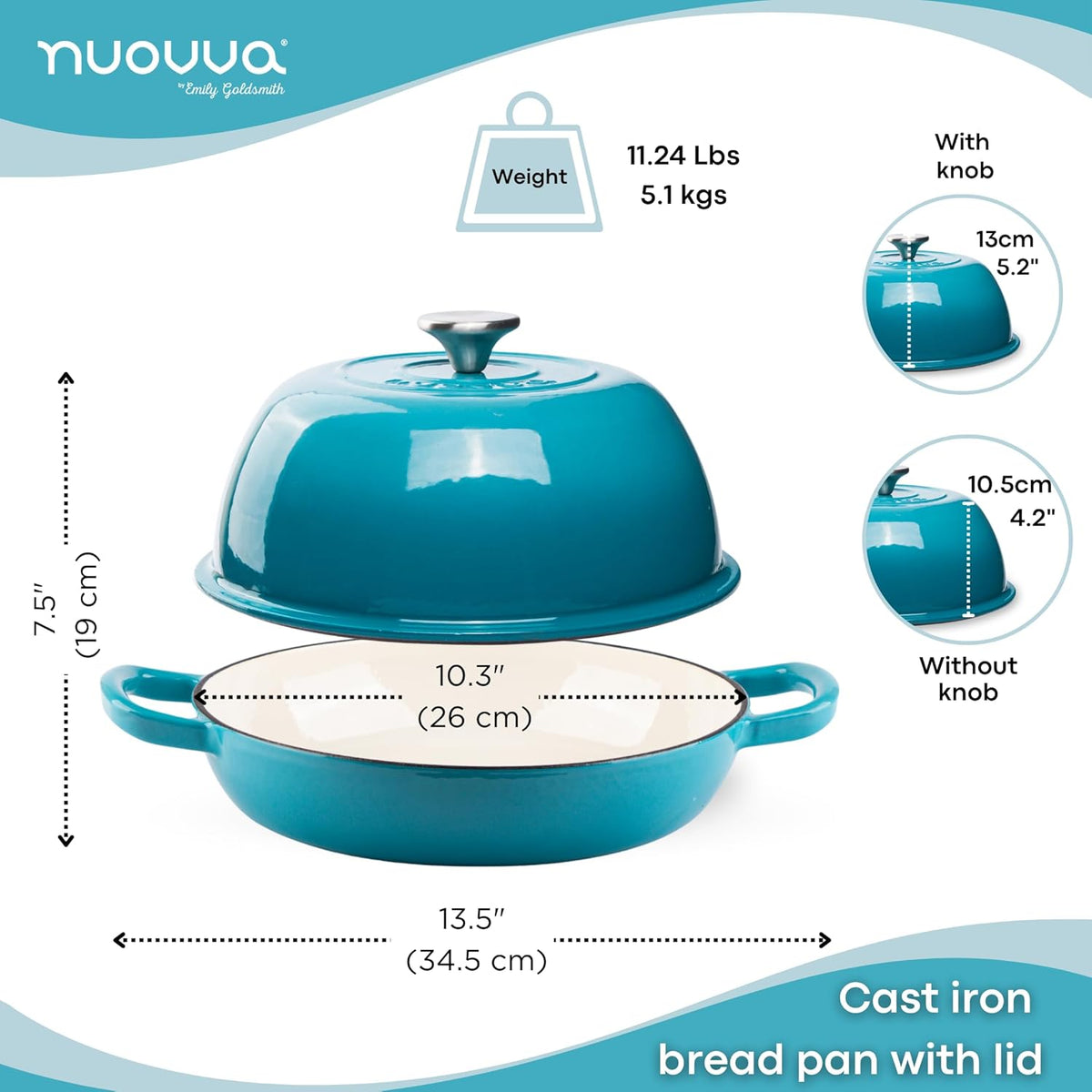 Enamelled Cast Iron Dutch Oven Pot – Dutch Oven For Sourdough Bread Baking – Cast Iron Bread Pot – Blue, 6 Quarts, 22cm – by Nuovva