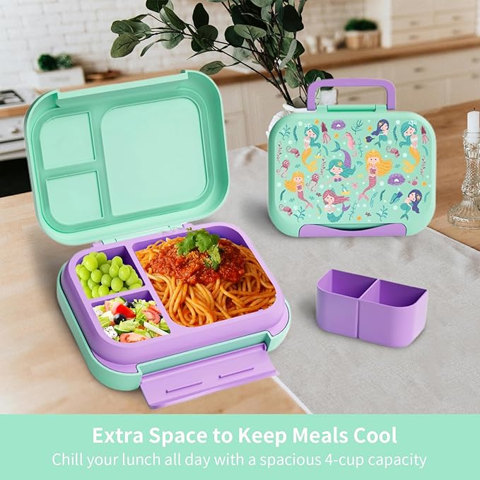 Prints Leak-Proof XL Lunch Box - Reusable 3-Compartment Containers Bento Box for meal Prepping;5-Cup Capacity for Adults & Ages 8+, BPA-Free, Dishwasher Safe (Green - Mermaids Sea)