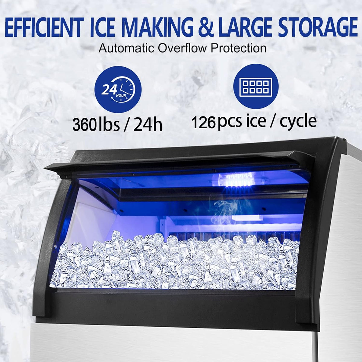 Commercial Ice Maker Machine 360LBS/24H with 77LBS Large Ice Storage Bin, 126Pcs Clear Ice Cubes in 11Mins, Stainless Steel Under Counter Industrial Ice Machine for Bar, Restaurant Business