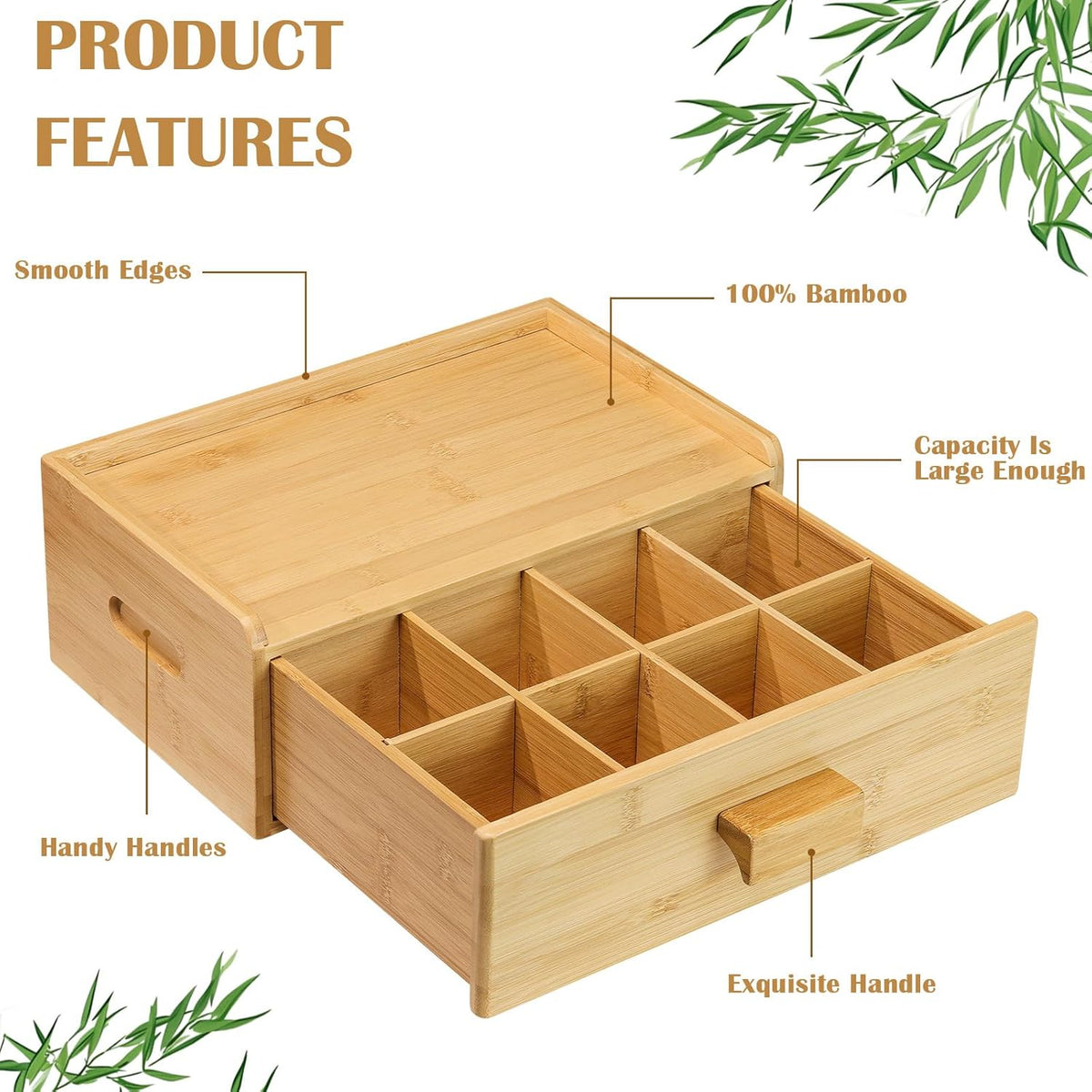 Bamboo Tea Bag Organizer, Slide Drawer Storage Box with 8 Compartments, Eco-Friendly Countertop Holder Display for Teabags, Tea Station Chest, Organizador De Te