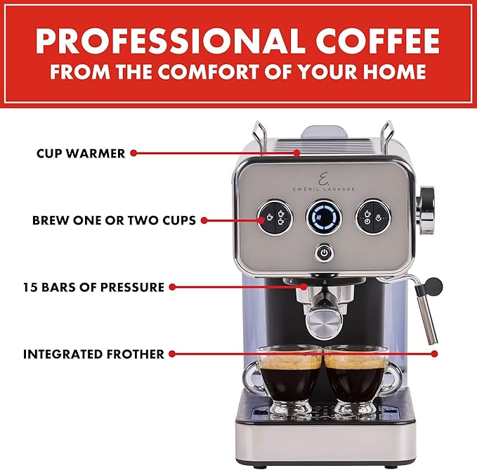 Emeril Lagasse Semi-Automatic 15-Bar Pro Espresso Machine with Milk Frother Steam Wand, Stainless Steel Finish, Double Shot, 37oz Removable Water Tank, Auto Shut-Off, 1350W