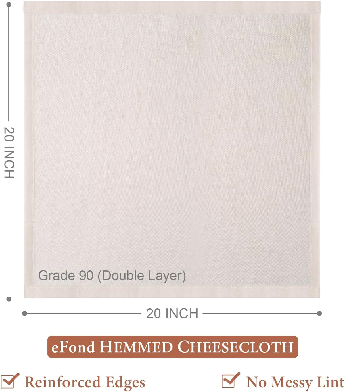 eFond Cheese Cloths | 2-Pack Double Layers, 20x20Inch Squares with Hemmed Edges | Grade 90 Reusable Cheesecloth for Straining | Unbleached Cotton Muslin Cloths | For Nut Milk, Butter, Baking & Cooking