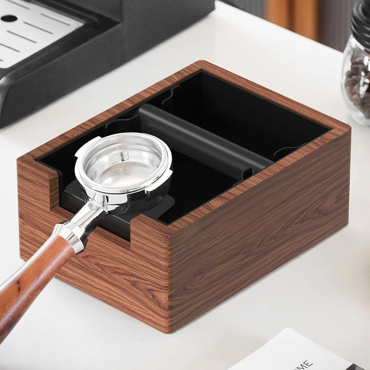 Espresso Knock Box, Coffee Knock Box with Durable Knock Bar and Non-Slip Base, Knock Box for Machine Accessories (Wooden Base)