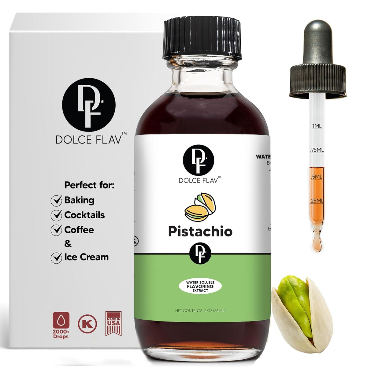 Dolce Flav Pistachio Extract – 2 Ounce Water-Soluble Kosher, Sugar-Free, Concentrated Nutty Pistachio Flavor for Baking, Ice Cream & Pastries, Includes Measured Dropper