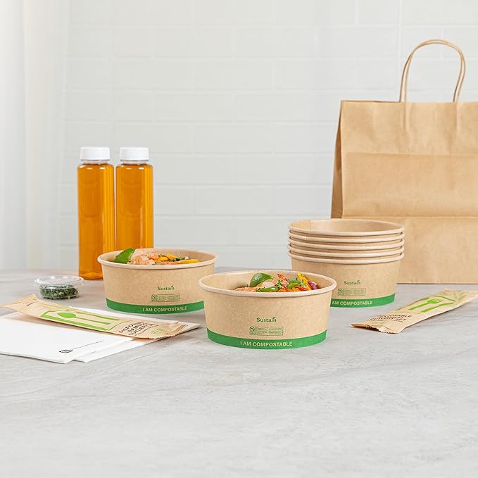Restaurantware Paper Food Containers 50 Pack Of 25 oz Disposable Round Kraft Salad Bowls BPI-Certified Compostable Stackable Greaseproof Meal Prep Take Out Containers For Soups, Snacks And Desserts