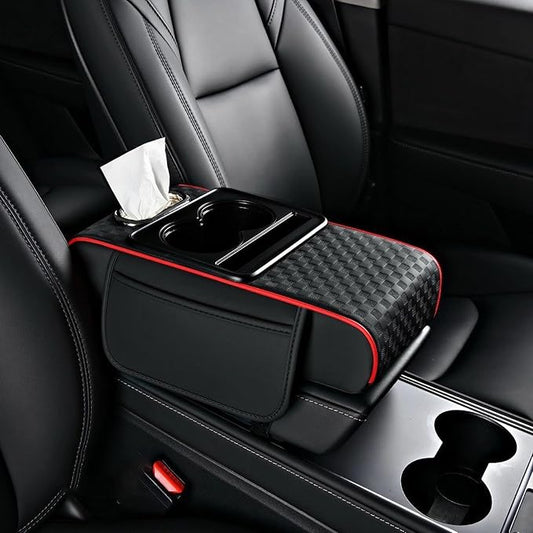 Center Console Cover,Car Armrest Cushion Multifunctional with 2 Storage Bags Cup Holder,Phone Slot,Tissue Box Slot for Most Cars Accessories Interior Organizers-Black+Red 13.8x7.9 in