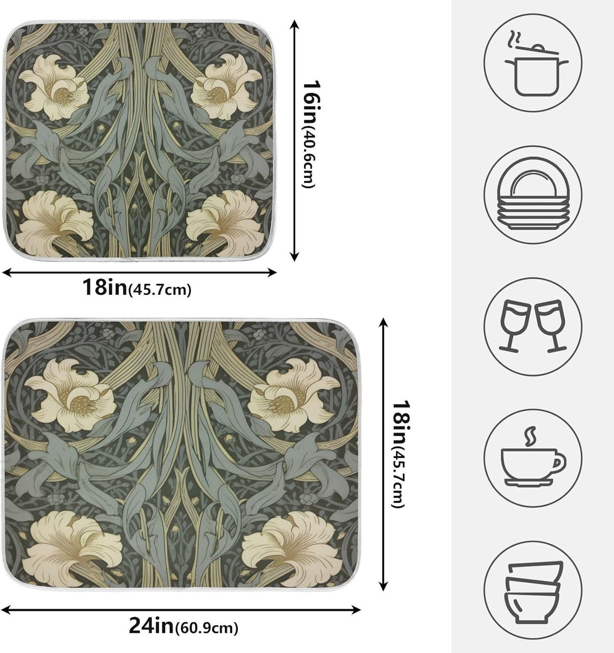 William Morris Flowers Print Dish Drying Mat for Kitchen Counter Absorbent Microfiber Large Drying Pad Dish mats for Kitchen Countertops 18 x 24 Inch