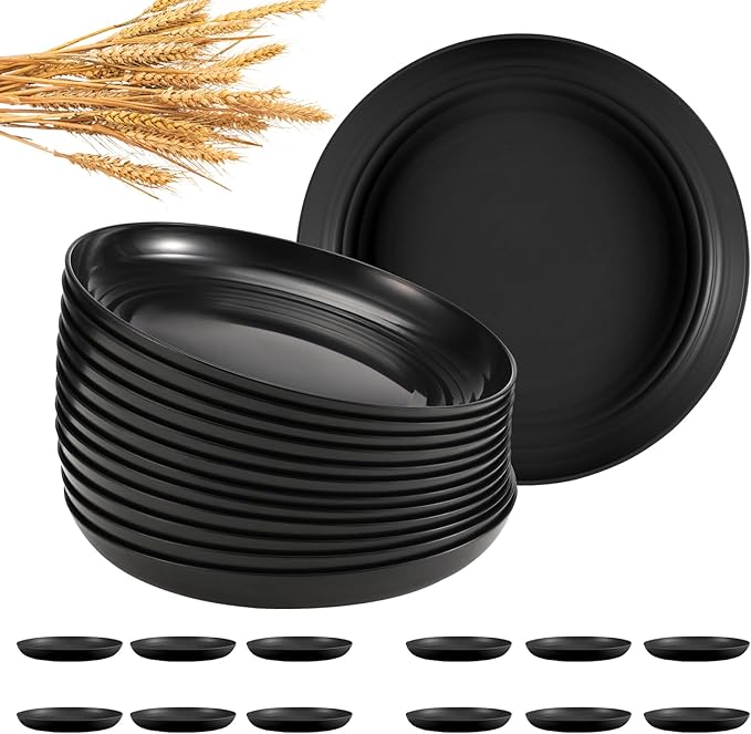 12 Pcs Unbreakable Deep Dinner Plates Set, 10 inch Reusable Plastic Wheat Straw Plates, Microwave and Dishwasher Safe Plate for Kitchen, Lightweight Plate for Dessert, BPA Free, Black