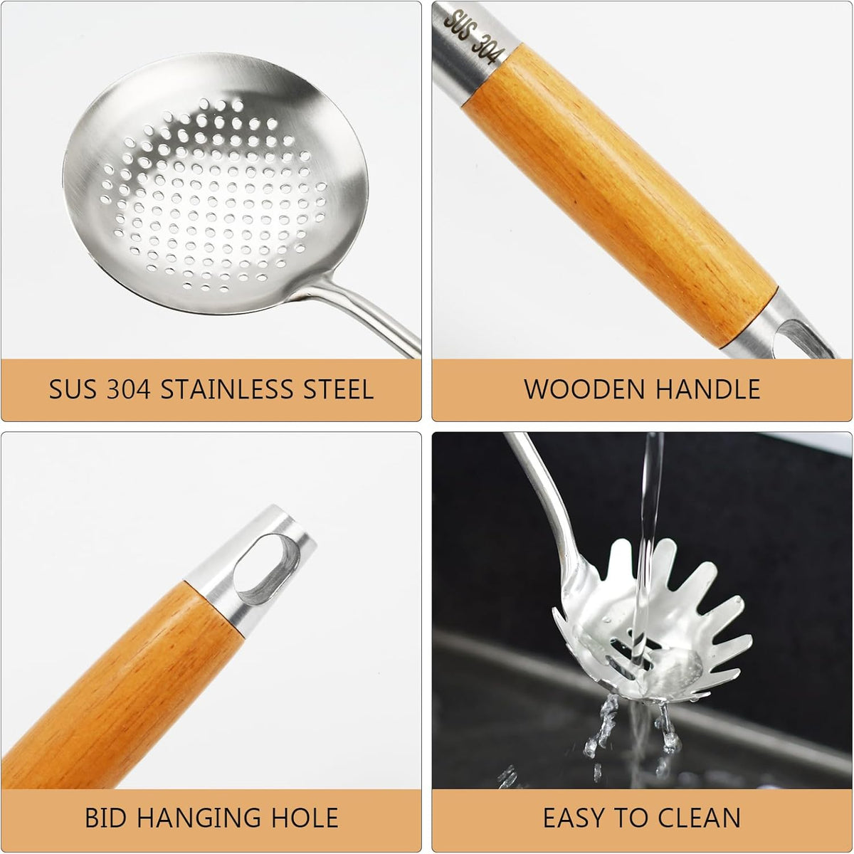 18/8 Stainless Steel Kitchen Utensils Set with Wood Handle, 6 Pcs 15 inch Cooking Utensils Tools, Turner, Ladle, Spoons & Pasta Server