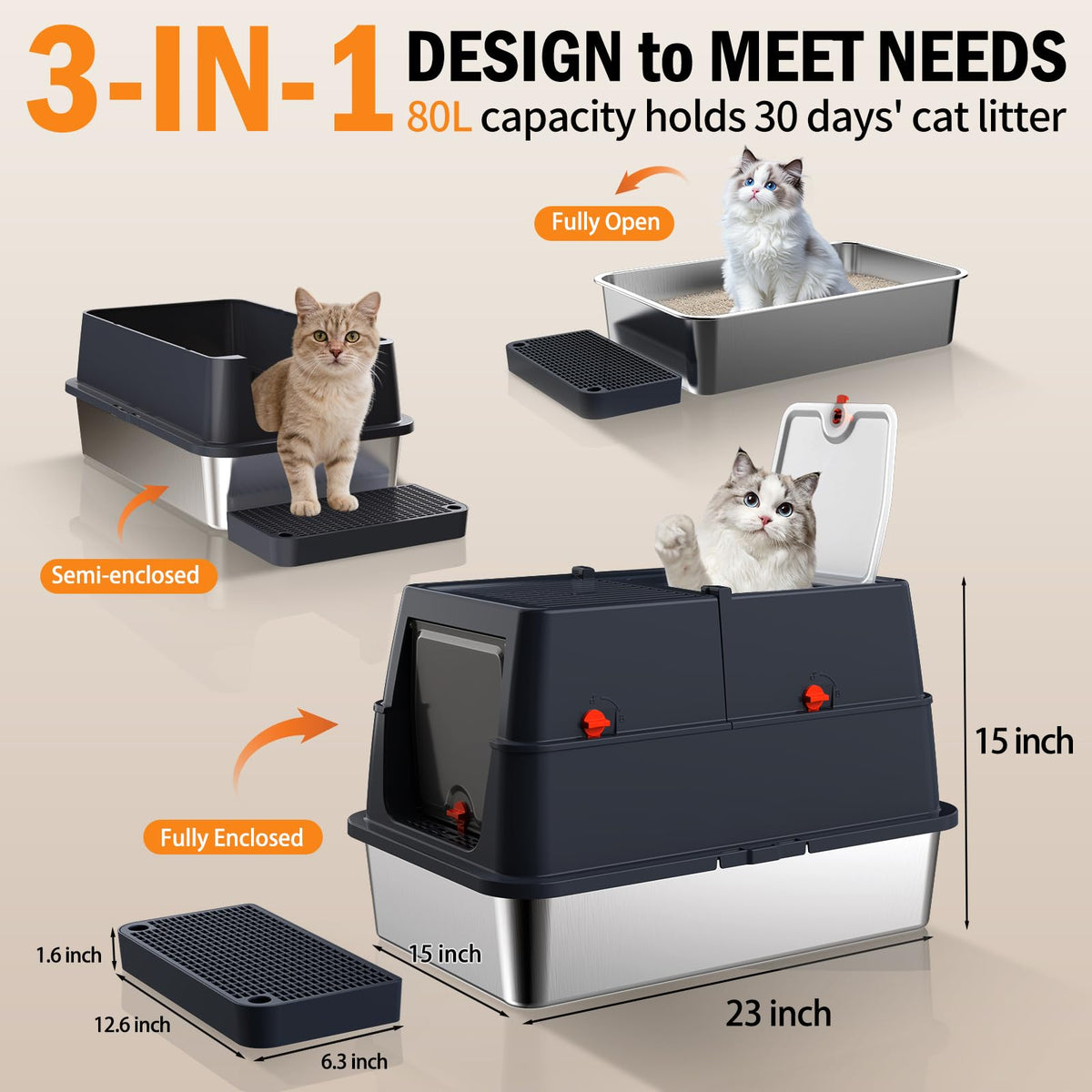 Stainless Steel Litter Box with Lid, Enclosed Metal Litter Box, Extra Large Kitty Litter Pan Covered with Scoop & Pedal, Odor Control, Odor Free, Front & Flip-Top Entry, Black