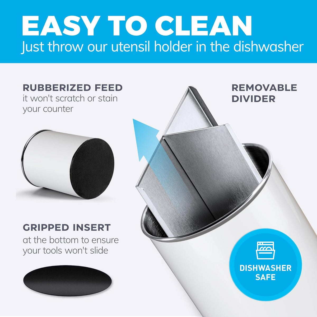Rotating Extra Large Stainless Steel Utensil Holder Caddy with Sturdy No-Tip Weighted Base, Removable Divider, and Gripped Insert Bottom - Dishwasher Safe Metal Cooking Utensil Holder (White)