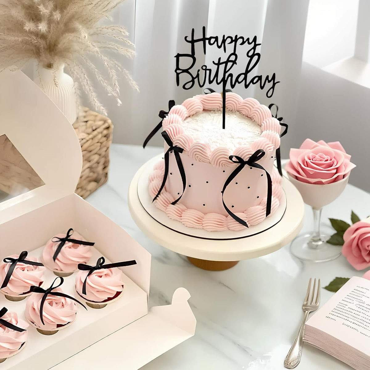 Black Bow Cake Topper Bowknot Ribbons Cupcake Toppers Bow Tie Cake Decorations Black Coquette Bows Cupcake Dessert Picks Happy Birthday Pick for Girl Birthday Princess Wedding Party Supplies 7Pcs