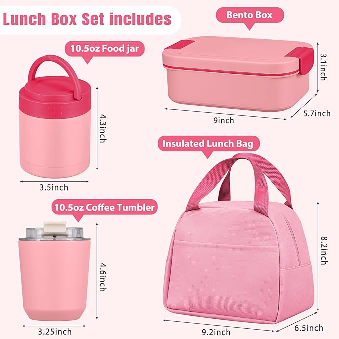 Large Bento Lunch Box Set for Adults Kids Women with 10.5oz Soup Thermo,Coffee Tumblers Men Girls Boys Teenagers Leak-Proof Lunch Food Containers with Lunch Bag