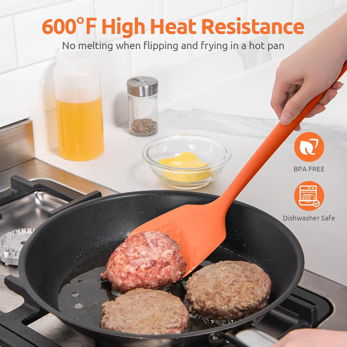 600ºF Heat Resistant Silicone Turners: U-Taste 13.6in Long Solid & Slotted Kitchen Spatula Flipper, Large Flexible Cooking Utensil for Flipping Egg, Pancake in Nonstick Cookware(Orange, 2PCS)