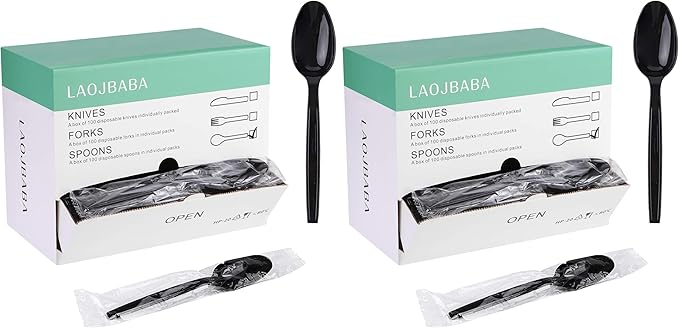 Plastic Spoons Disposable Individually Packaged Spoons Black 7-Inch Commercial Take Away,Super Hard Mass Heavy Individually Wrapped 100 PCS (Pack of 2)