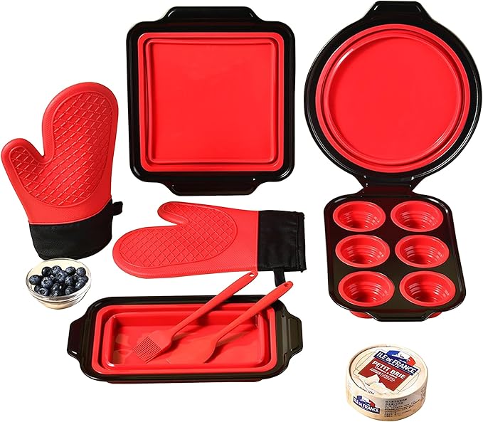 8 Piece Red Silicone Bakeware Sets, Nonstick Baking Pans, Silicone Baking Sheet Set with Press to Release Design, Oven Mitts, Spatula & Brush Flexible, Stackable, BPA Free, Dishwasher & Oven Safe