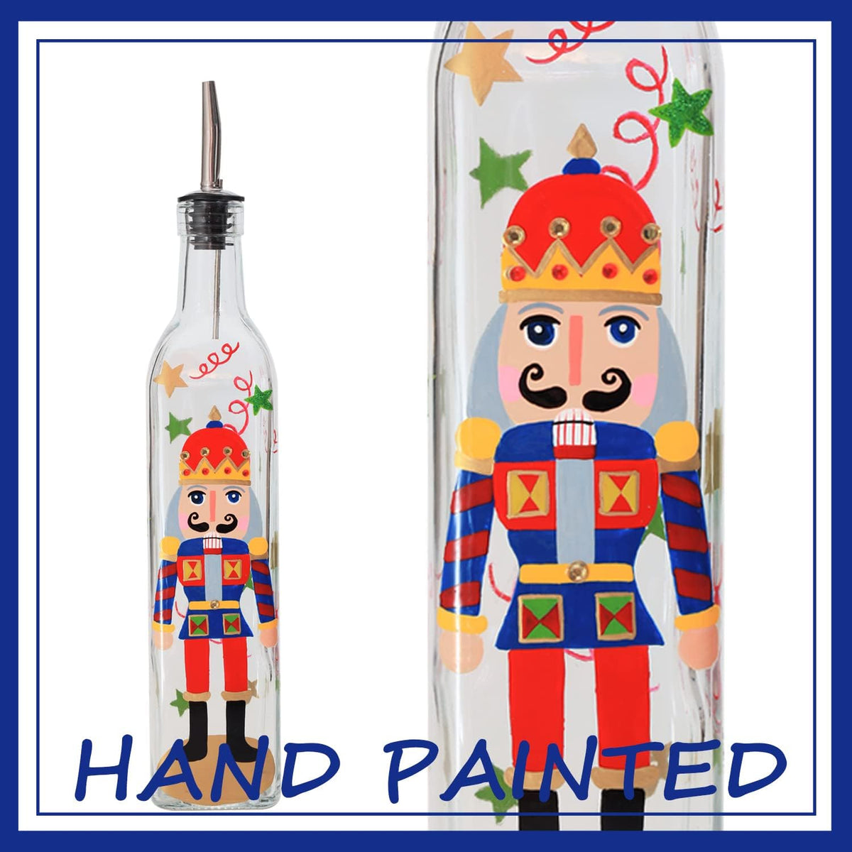 17oz Hand Painted Glass Olive Oil Bottle - 500ml Green Oil & Vinegar Cruet with Pourers and Funnel - Olive Oil Carafe Decanter for Kitchen (The Nutcracker)