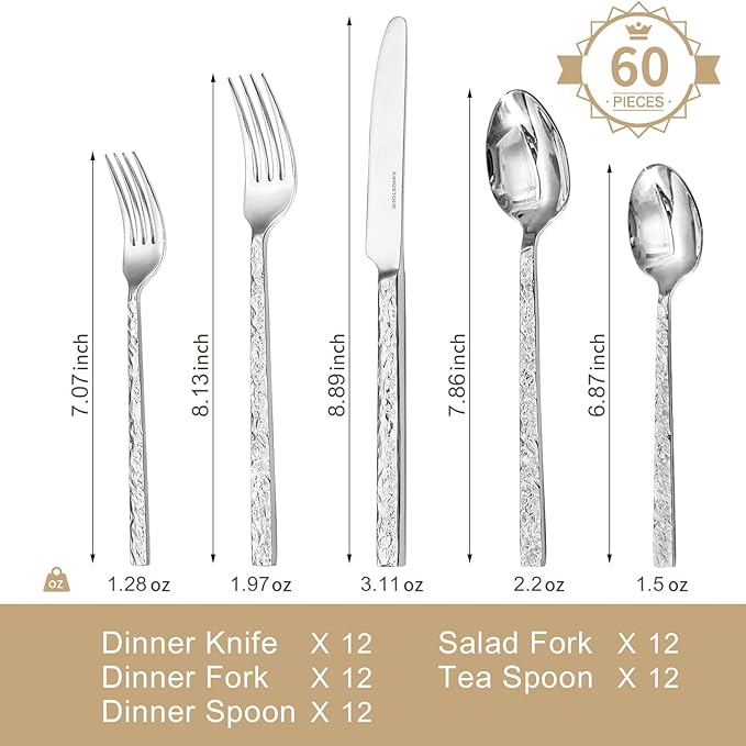 KINGSTONE 60 Pcs Hammered Silverware Set for 12, 18/10 Stainless Steel Heavy Duty Flatware Set, Tableware Cutlery Utensil Sets for Home Restaurant Dishwasher Safe