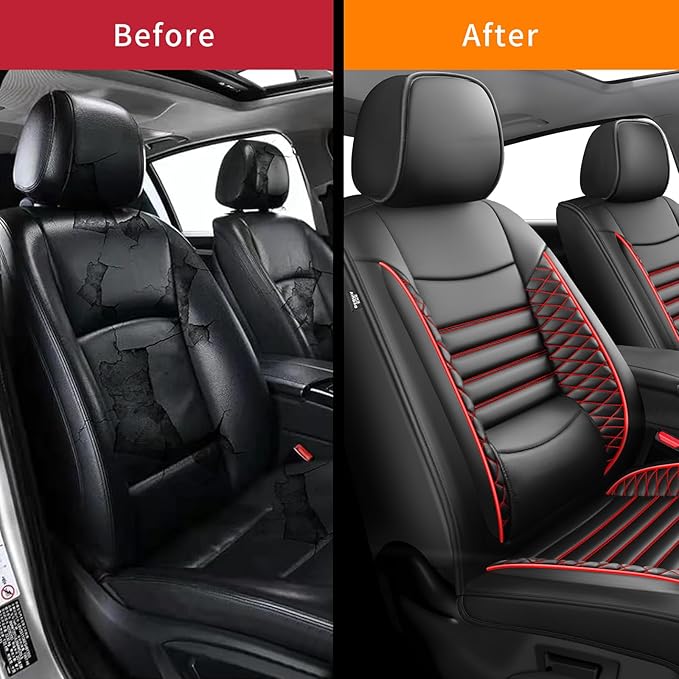 Fit Accord Car Seat Covers for Honda Accord 2003-2024 2025 2026 - Upgraded Premium Waterproof & Breathable Leather, Airbag Compatible, All-Weather Seat Cushion Protector (2 Front/Black+Red)