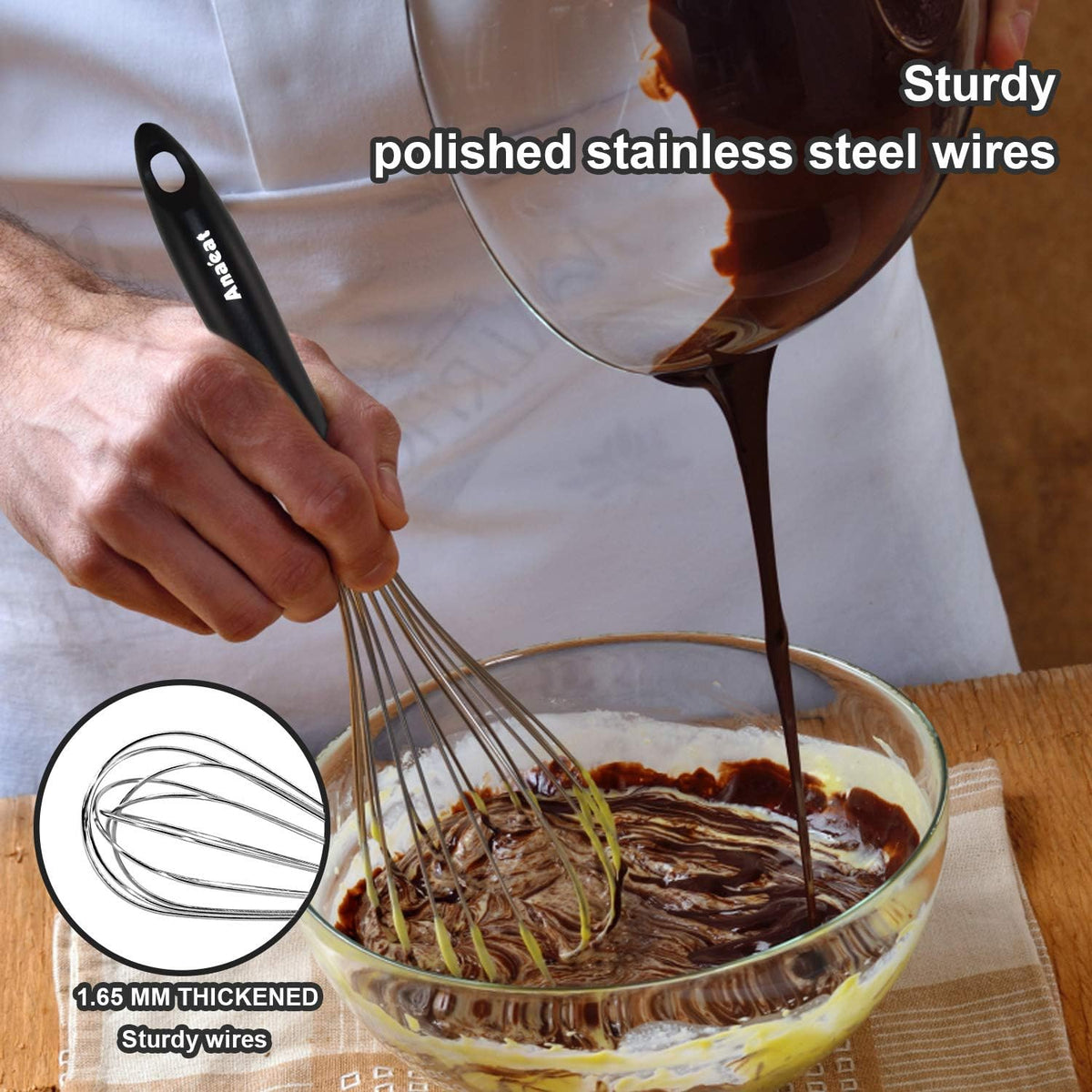 Anaeat Stainless Steel Kitchen Whisk Set of 5, Milk and Egg Beater Blender with Thick Wire for Whisking, Cooking, Baking, Beating and Stirring - 5"+7" Mini Whisk and 8.5''+10.5''+12'' Balloon Whisks