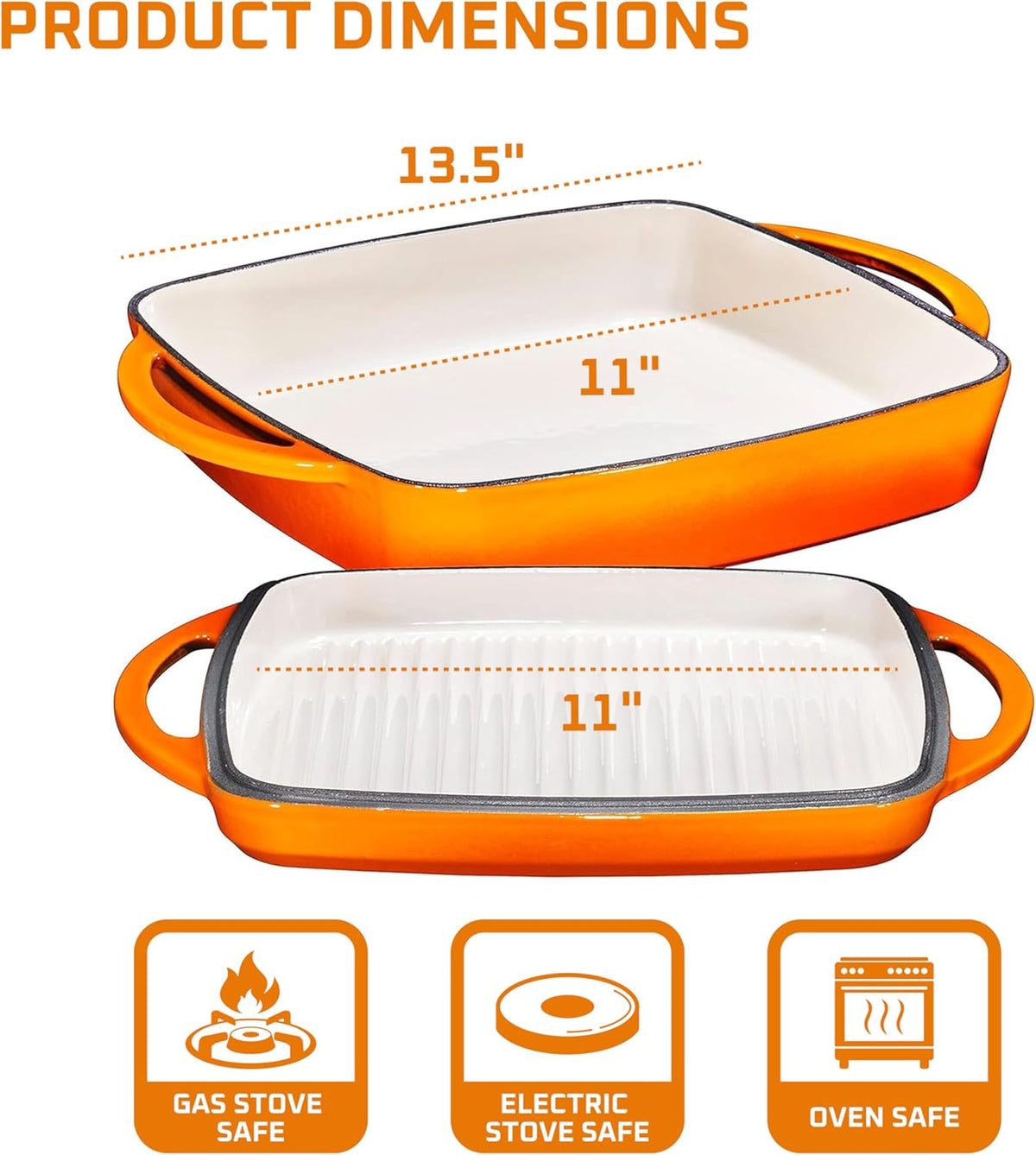 Bruntmor 2-in-1 Square Pumpkin Spice Cast Iron Dutch Oven With Handles, Enamel All-in-One Cookware Set, Braising Pan For Casserole Dish, Crock Pot Covered Cast Iron Skillet