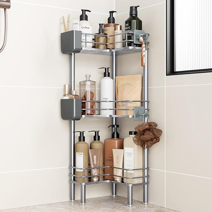 Orimade Rustproof 3 Tier Floor Standing Corner Shower Caddy Organizer with Toothbrush Holder, Large Spacing Floor Shower Shelf Rack Storage Stands with Hooks for Bathroom Kitchen, Silver