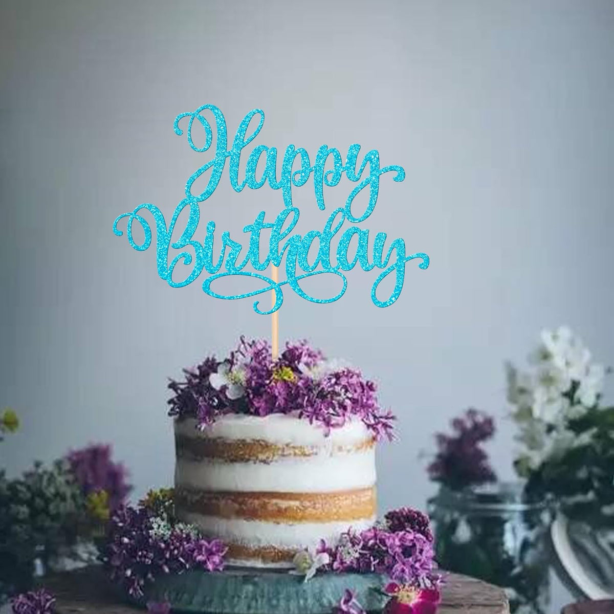 ZHUOWEISM 1 PCS Happy Birthday Cake Topper Glitter Cake Pick for Celebrating Anniversary Party Cake Decorations Supplies Lake Blue